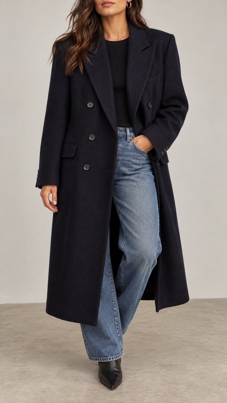 VTG Navy Herringbone 100% Wool Oversized Double Breasted Long Coat Menswear